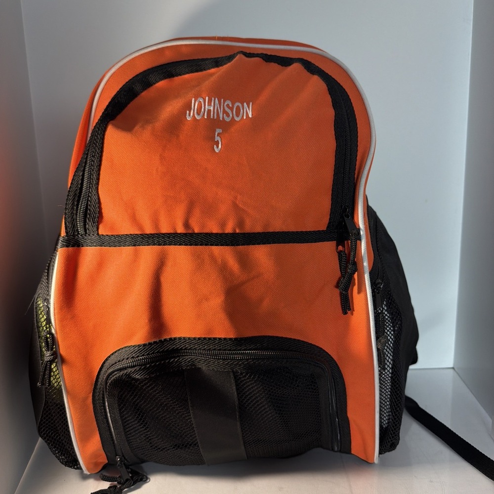 Backpack Large High Five Black Orange White W/Mesh Pocket Zipper Padded Straps